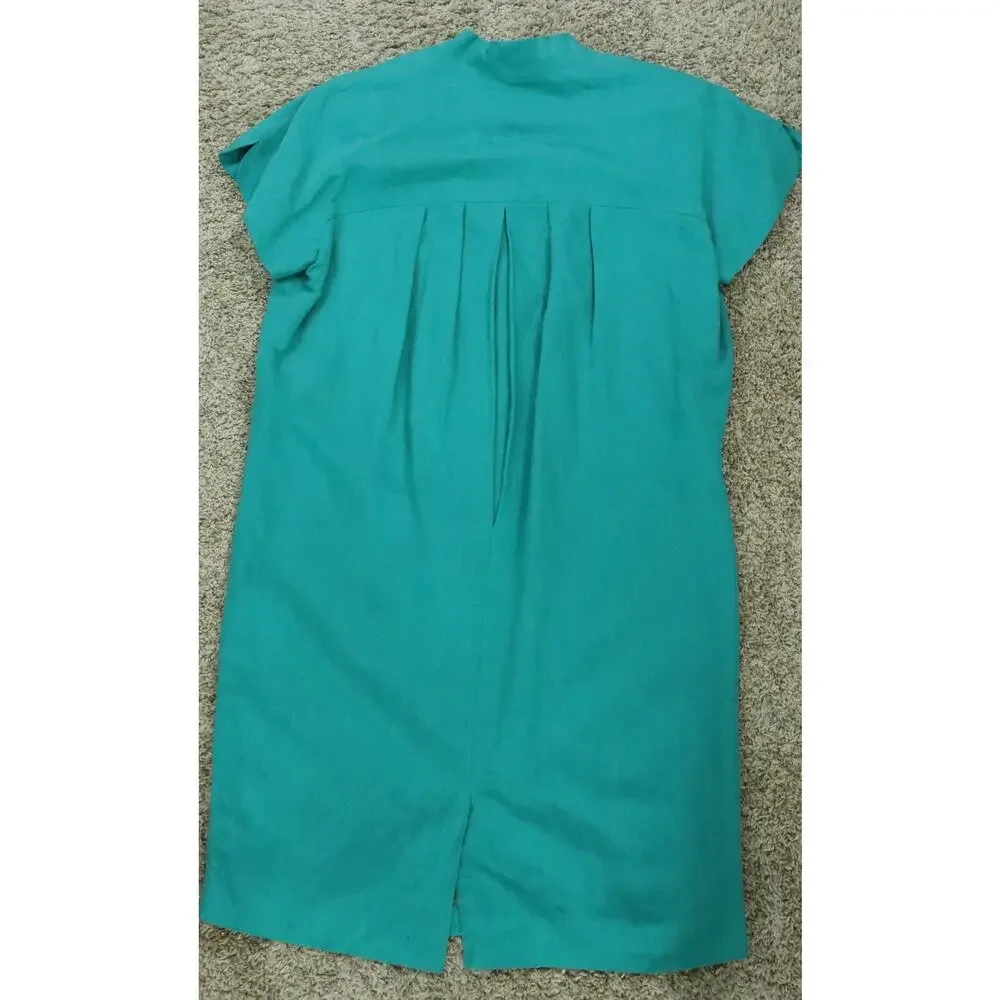 Vintage 90s Jones New York Dress LINEN Seafoam Green Mint Shift Wood Buttons 12 - Picture 5 of 7